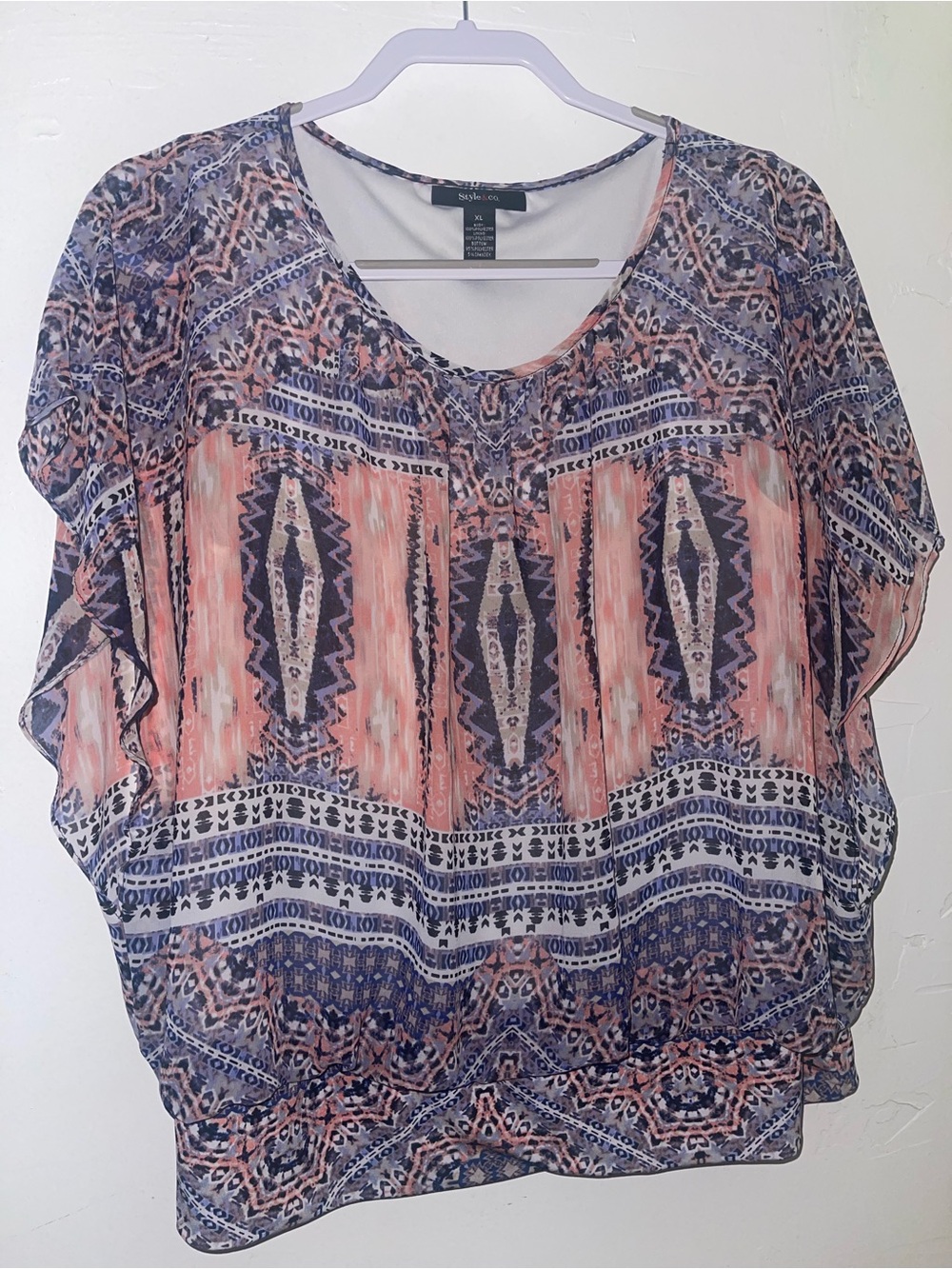 Style & Co. Coral and Navy Aztec Sheer Tunic